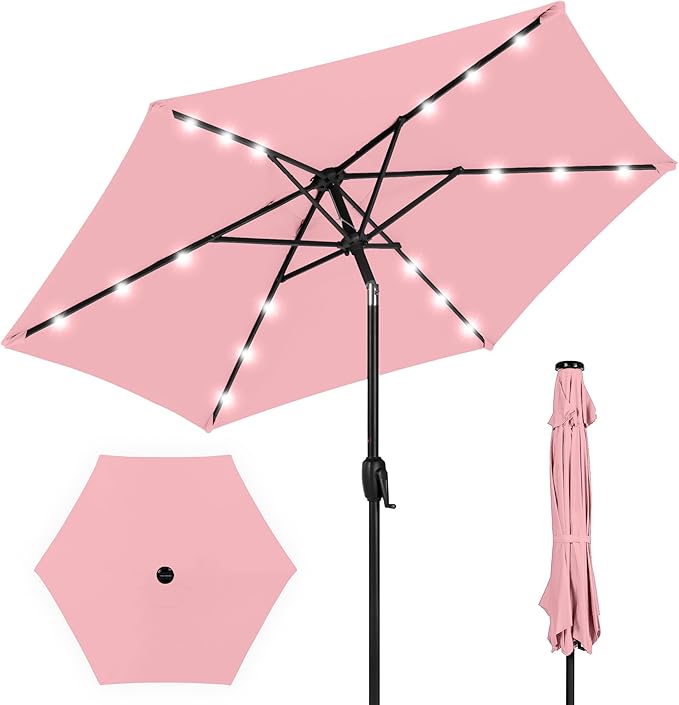 Best Choice Products 7.5ft Outdoor Solar Market Table Patio Umbrella for Deck, Pool w/Tilt, Crank, LED Lights - Carnation