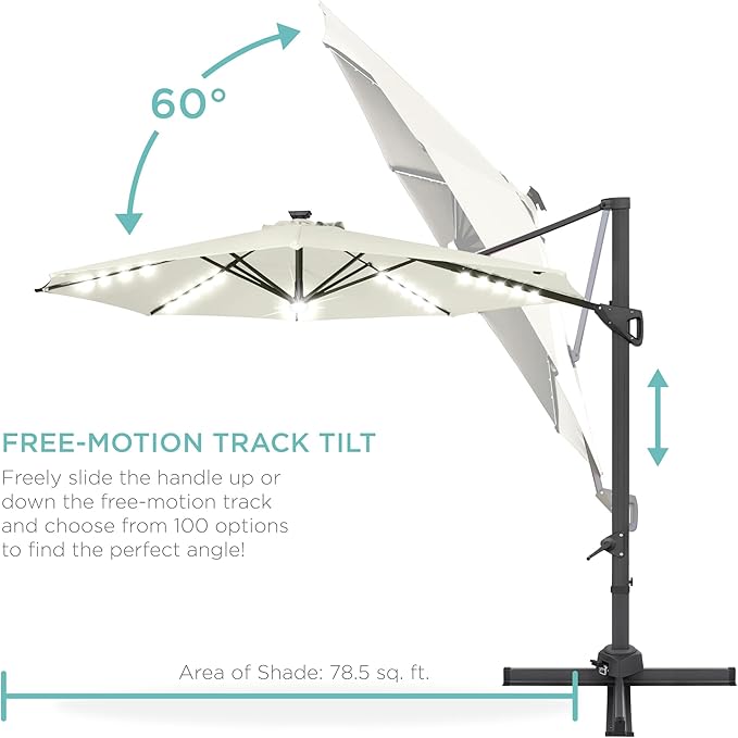Best Choice Products 10ft Solar LED Cantilever Patio Umbrella, 360-Degree Rotation Hanging Offset Market Outdoor Sun Shade for Backyard, Deck, Poolside w/Lights, Easy Tilt, Cross Base