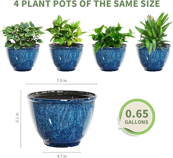 Plant Pots, Set of 4 Plastic Planters with Drainage Hole, 8 Inch Glaze Plastic Flower Pots for Plants, Nursery Planting Pot, Planter for Indoor Outdoor Home Decorative(Blue)
