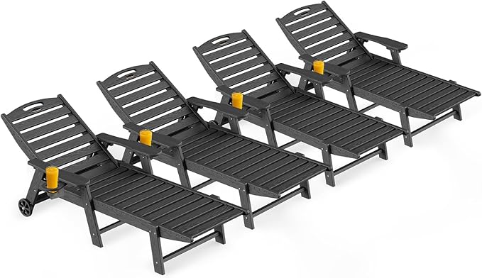 Outdoor Lounge Chair Set of 4, All Weather Patio Chaise Lounge Chair for Outside, HDPE Chair with Rolling Wheels & Cup Holder, 5 Position, Deck, Pool, Black