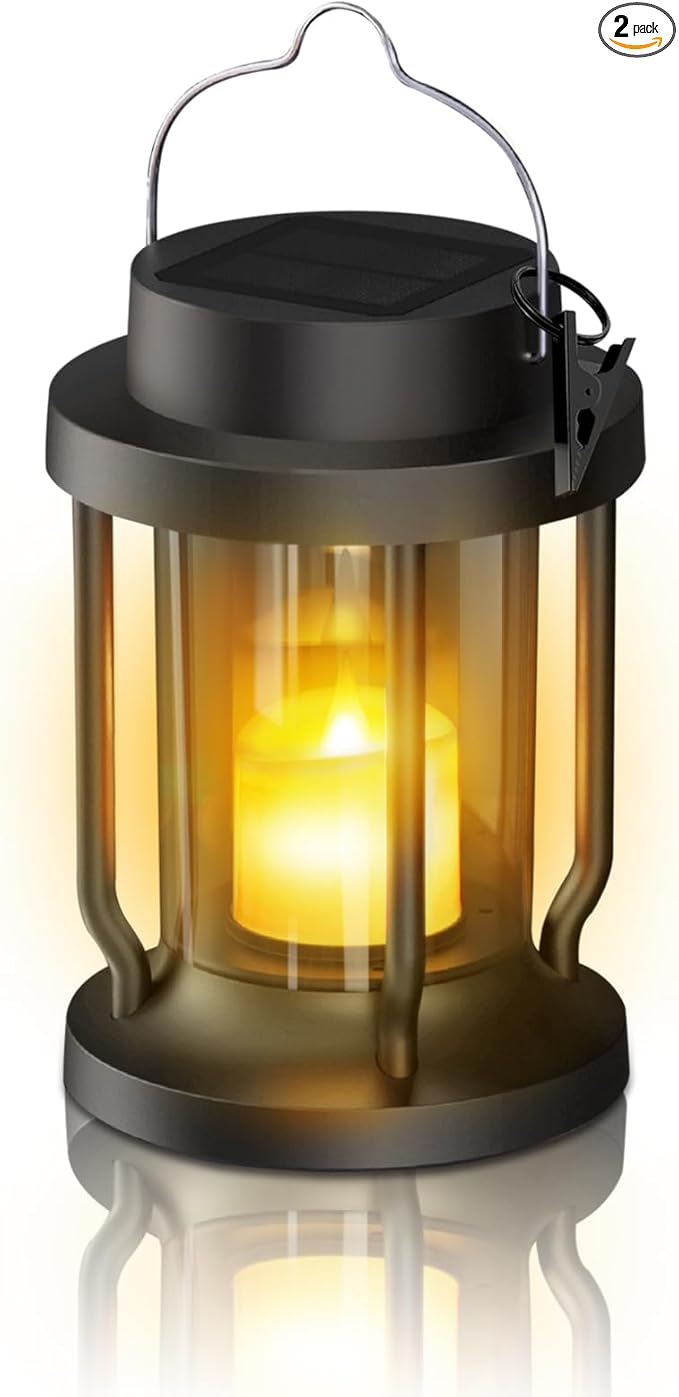 Solar Lantern Outdoor & Indoor Use – Hanging Solar Lights with Realistic Flickering Flameless Candle, Weatherproof for Gardens, Patios, Trees, and Lawns (Black, 1 Pack)