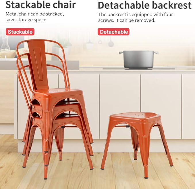 FDW | Set of 4 Metal Dining Chairs | Orange | Stackable Tolix Side Chairs with Backrest | Scratch-Resistant | Non-Slip Feet | Indoor/Outdoor Use | 330 lbs Capacity | Ideal for Kitchen & Restaurant
