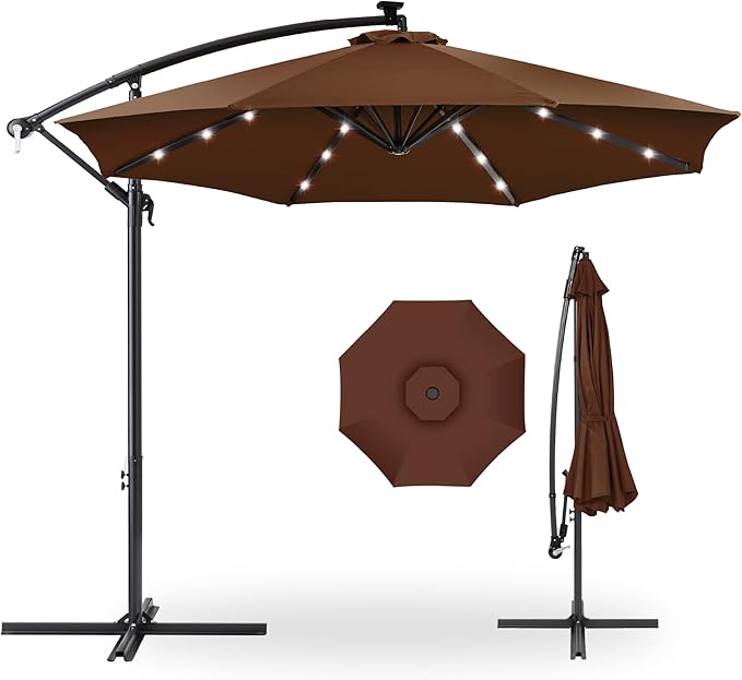 Best Choice Products 10ft Solar LED Offset Cantilever Hanging Market Patio Umbrella, 8 Sturdy Ribs, Easy Adjustment - Brown