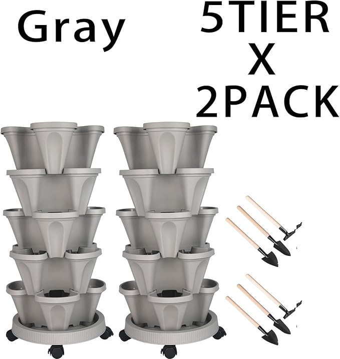 GameXcel Vertical Planter 7 Tier Stackable Planters Garden Planters Strawberry Herb Flower and Vegetable Planter Indoor Outdoor Gardening Pots with Removable Wheels and Tools 2-Pack