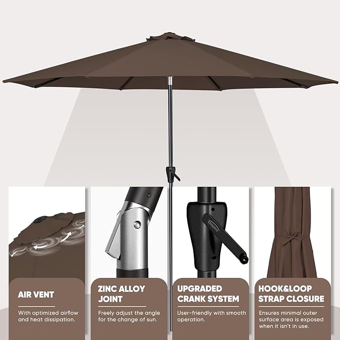 Tempera Patio Market Outdoor Table Umbrella with Auto Tilt and Crank, Large Sun Umbrella with Sturdy Pole & Fade Resistant Canopy, Easy to Set