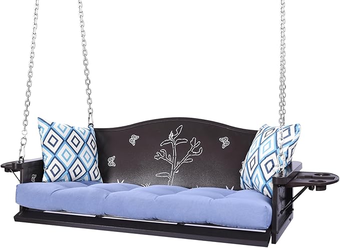 3-Seat Metal Porch Swing 900 LBS Heavy Duty Hanging Bench with Upgraded Tray & Cushions Rust-Resistant Finish Swing Chair with 8.9FT Chains for Patio Lawn Garden