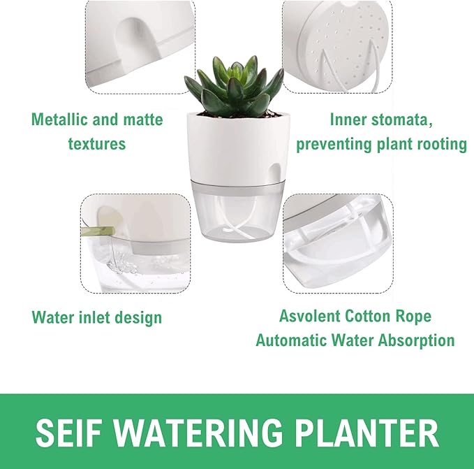 6/4/3Inch Self Watering Planter Pots 3 Pack Plant Pot for Indoor Wicking Flower Pots Plant Pots Modern Decorative Planter for House Plants,Herbs,Indoor Outdoor Plant (White)