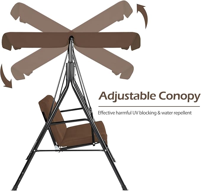 AECOJOY Porch Swing with Stand. 3-Seat Outdoor Clearance Porch Swings for Adults, Outdoor Patio Swing with Adjustable Canopy & Removable Cushion for Backyard, Garden, Yard, Poolside, Balcony (Brown)
