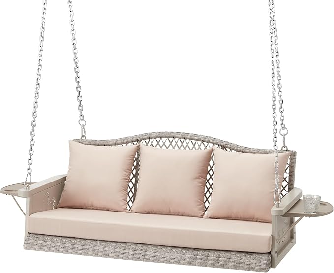 Upgraded Wicker Hanging Porch Swing Heavy Duty 900 LBS 3-Seat Outdoor Patio Swing Chair Bench for Adult w/ 8.9ft Hanging Chains Cushions and Cup Holder