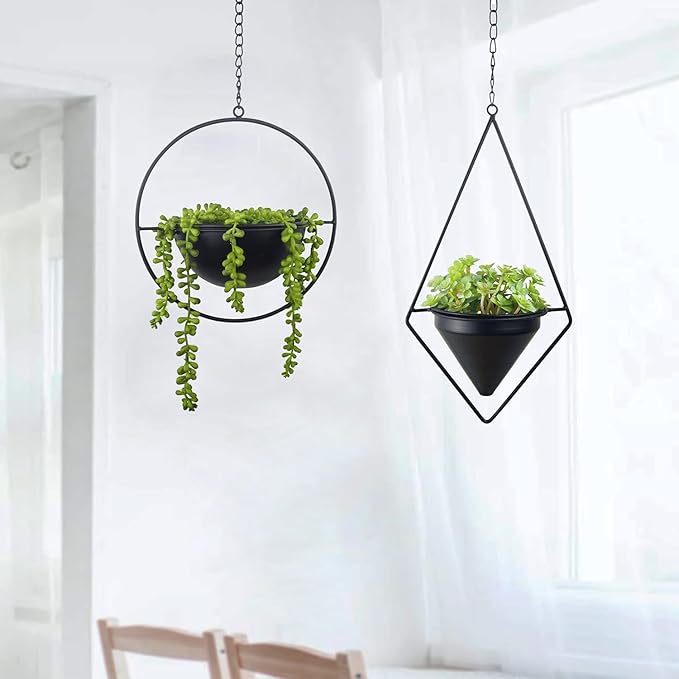 Metal Hanging Planters, Modern Plant Hanger with Pots, Set of 2 Black Plant Holders in Diamond and Round Shape, Small Wall and Ceiling Planter for Indoor Plants, Home Décor- Black