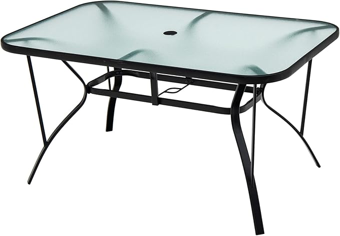 Tangkula 55" Patio Dining Table for 6, Rectangle Outdoor Dining Table with Tempered Glass Tabletop, Umbrella Hole & Metal Frame, 6-Person Outside Dining Table for Backyard, Lawn, Deck & Poolside