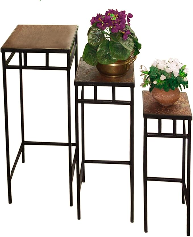 Zhongma Set of 3 Metal Plant Stand with Slate Top Square Flower Shelf without Installation Required