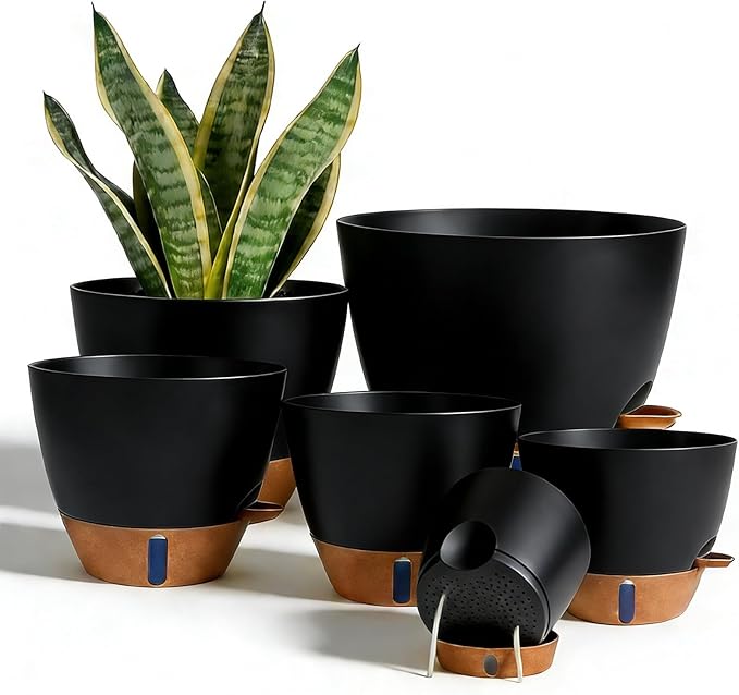 7/6.5/6/5.5/5 Inch Self Watering Pots, Plastic Flower Pots with Multi Mesh Drainage Holes and Deep Reservoir for Indoor Outdoor Garden Plants and Flowers (Black, 5/5.5/6/6.5/7/8)