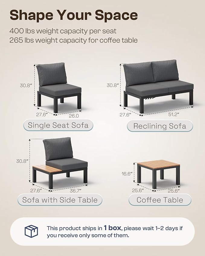 Aluminum Outdoor Patio Sofa Set, 2 Seats Modular Sectional Reclining Loveseat Sofa with Adjustable Backrest & Removable Cushions, All-Weather Conversation Sets for Garden & Yard, Graphite