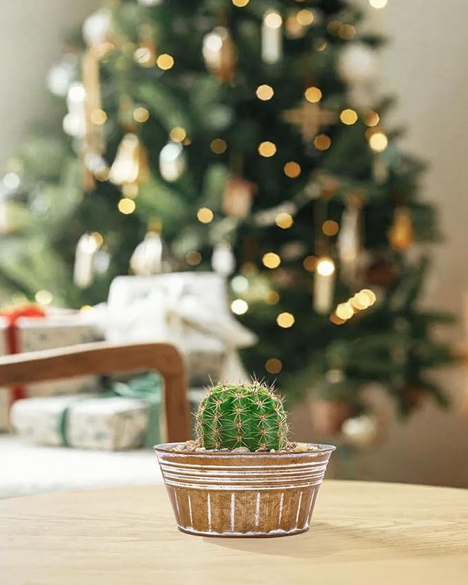 vensovo 10 Inches Brown Metal Rustic Plant Pots - 4 Pcs Large Shallow Galvanized Planters with Drain Hole and Rubber Plug, Rustproof Tin Bucket Succulent Pot Indoor Farmhouse Vintage Style for Decor