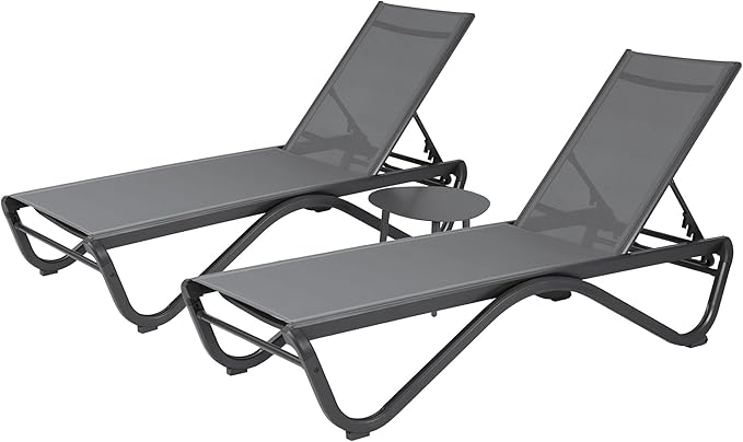 Kozyard Outdoor Chaise Lounge Chair, Full Aluminum Frame, Adjustable Reclining Patio Lounger for Poolside, Sunbathing & Backyard, Textilene (Gray, 2Chairs + Table)
