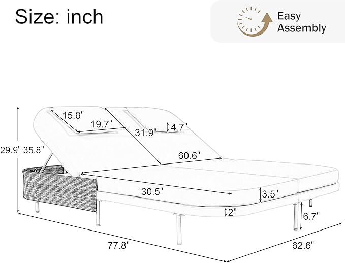 Merax Outdoor Daybed,Patio Rattan Daybed with Adjustable Backrest,Patio Wicker Loveseat Lounger,Outdoor Bed Loveseat Sofa Set with Pillows and Cushions for Garden, Backyard, Poolside,Black+Beige