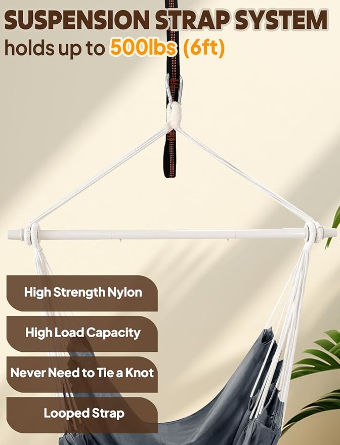 Chihee Hammock Chair Swing - Strong Metal, Collapsible, Portable, Max 500 lbs, Comfy Seat, Patio & Lawn, Cotton Blended, Indoor/Outdoor
