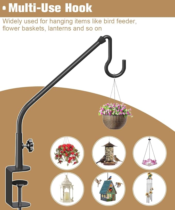 20 Inch Extended Reach Deck Hook Hanger for Railing, Heavy Duty Outdoor Plant Hook Holder for Hanging Bird Feeder Pole Deck Hanger Flower Basket Planter or Lanterns, Wind Chimes, 2 Pack