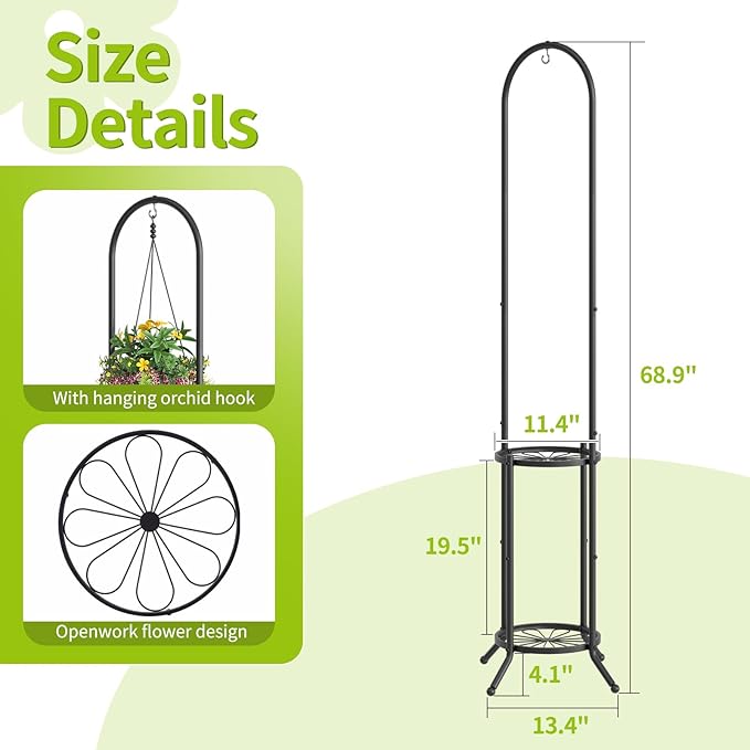 BMOSU Plant Stand with Hooks Indoor Outdoor Corner Tall Plant Stand Heavy-Duty Metal 3-Tier Plant Shelf Holder Rack for Patio Garden Balcony Living Room Bedroom(circular Black)