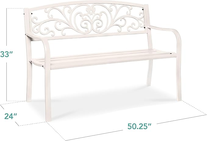 Best Choice Products Outdoor Bench Steel Garden Patio Porch Furniture for Lawn, Park, Deck w/Floral Design Backrest, Slatted Seat - White