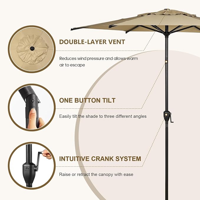 Abba Patio 7.5FT Lyon Outdoor Patio Umbrella Outdoor Table Umbrella with Push Button Tilt and Crank Market Umbrella 6 Sturdy Ribs UV Protection Waterproof for Garden Deck Backyard Pool Tan