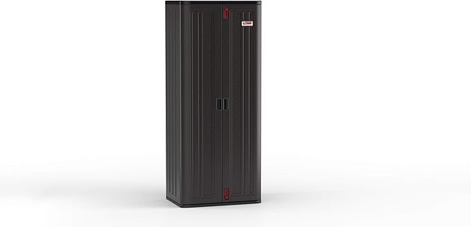 Suncast 19 Cubic Ft. Heavy-Duty Resin Cabinet with Lockable Handles, Multi-Wall Construction, and Metal-Reinforced Shelves for Basement, Utility Room and Garage Storage, Black, Made in the USA