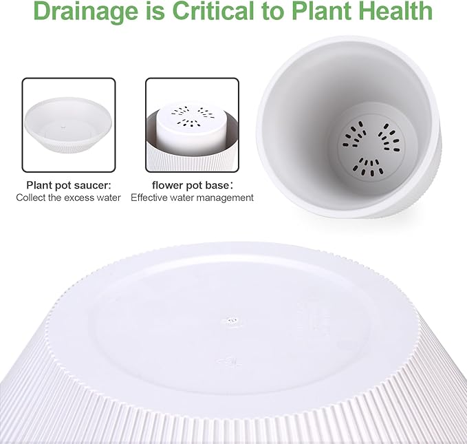 Plant Pots，Set of 2 Plastic Large Pots for Indoor Plants,Flower Pots Outdoor Planters with Drainage Hole and Seamless Saucer,(White 12Inches)