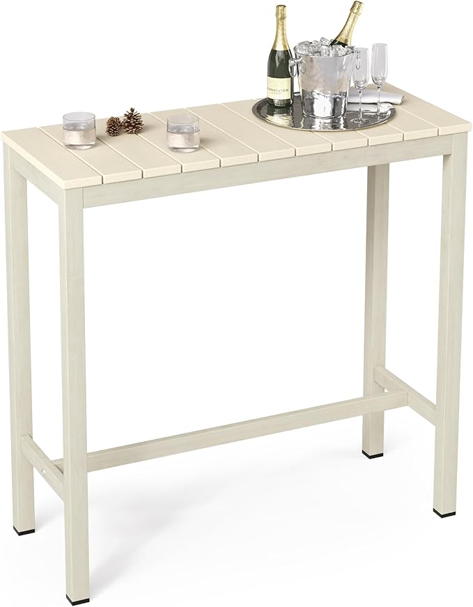 Outdoor Bar Table, 38" Patio Bar Height Counter Console Table, Waterproof HDPS Slatted Top, Weather Resistant, Hot Tub, Balcony, Yard, Indoor or Outdoor Use, Sand