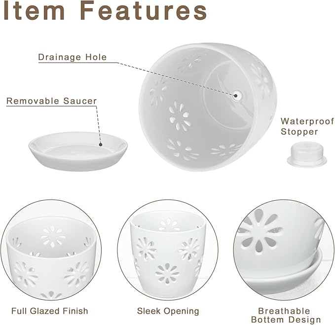Oairse 6 inch Orchid Pots with Holes, White Ceramic Orchid Pot for Repotting Small Indoor Plant Pots with Drainage Holes and Saucers Decorative Flower Planter for Orchids, Indoor Plant
