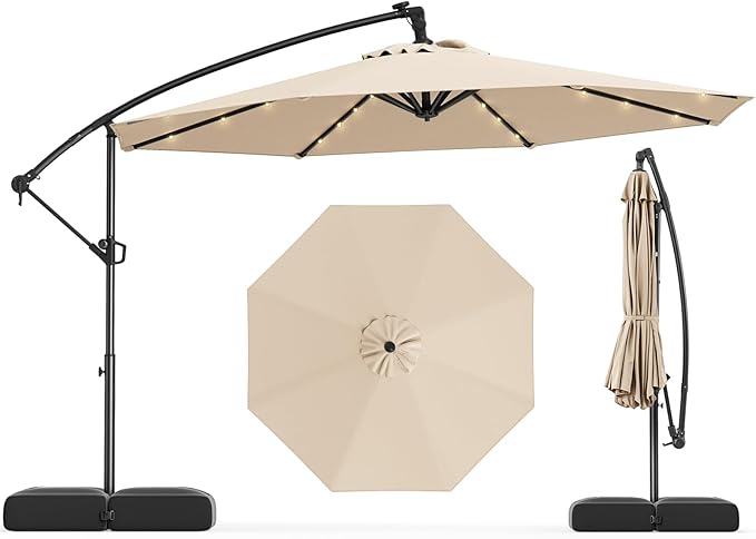 Tangkula 10ft Solar LED Patio Umbrella with Base, Offset Cantilever Outdoor Umbrella with 32 LED Lights, Infinite Tilt, 360 Degree Rotation, Crank Handle for Pool Deck Garden Backyard (Beige)