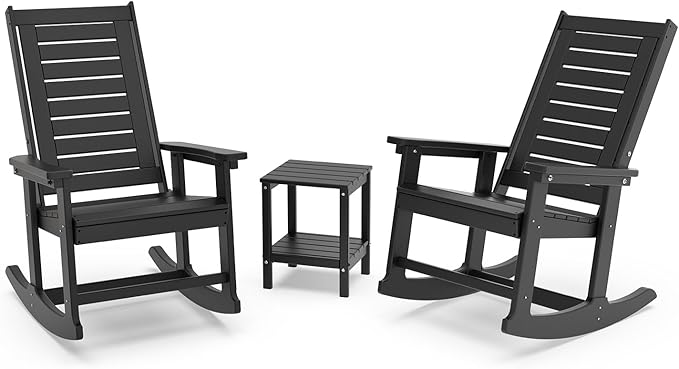 GREENVINES Outdoor Rocking Chair Set | 3-Piece | 2 Rocking Chairs with 1 Side Table | Porch Rocker | HDPE Plastic | Black | Patio Furniture Sets | High Back | Big & Tall | Ladder Back