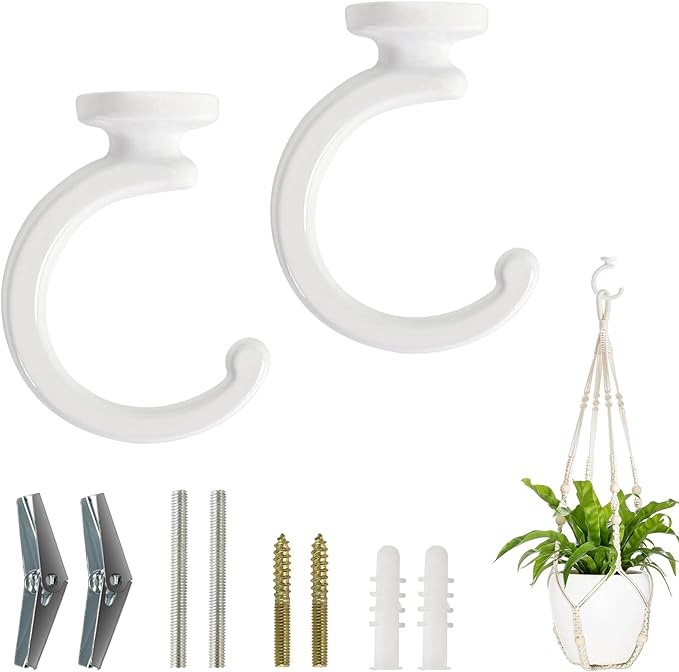 Mkono Ceiling Hooks for Hanging Plants, Swag Hook Plant Wall Hanger Heavy Duty for Hanging Planter, Chandeliers, Wind Chimes, Indoor Outdoor Decorative Hooks (2 Pack White)