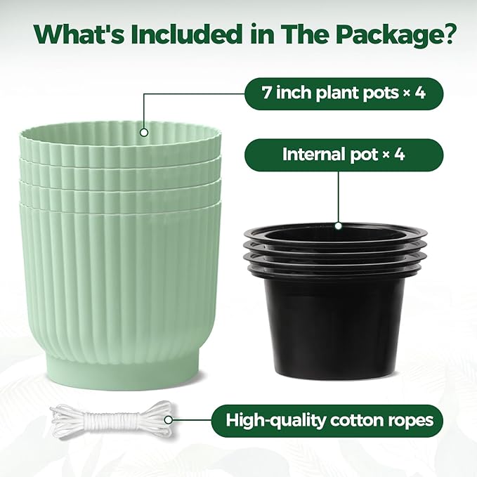 T4U 7 Inch Self Watering Pots for Indoor Plants, 4 Pack Plant Pots, Self Watering Planter for Indoor Plants, Durable Plastic Pots (4 Pack, 7", Green)
