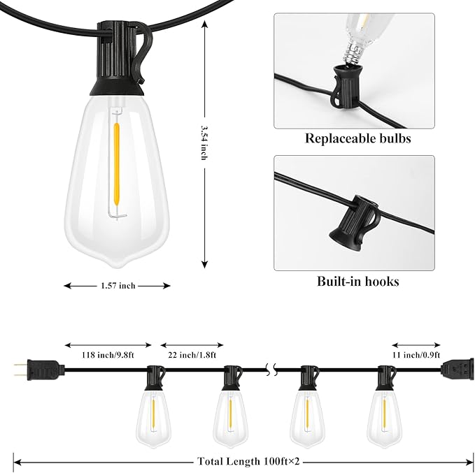 Brightever Outdoor String Lights 200FT Waterproof, Patio String Lights for Outside with 100+4 ST38 Shatterproof LED Filament Bulbs, Dimmable Hanging Lights for Christmas, Party, Cafe (2-Pack 100FT)