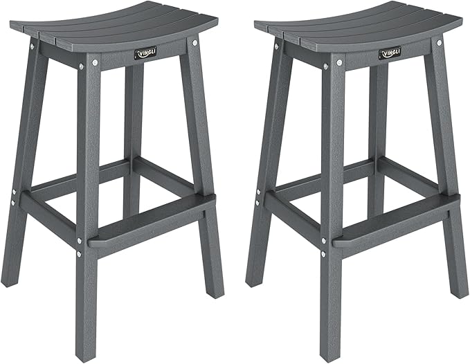 VINGLI 29" Outdoor Bar Stools Set of 2, HDPE Poly Lumber Bar Chairs with Footrest, Weather Resistant Patio Barstools for Bar, Kitchen Counter, Yard (Gray, 29 Inch 2 PC)
