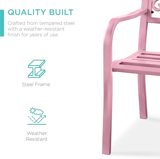 Best Choice Products Outdoor Bench Steel Garden Patio Porch Furniture for Lawn, Park, Deck w/Floral Design Backrest, Slatted Seat - Pink