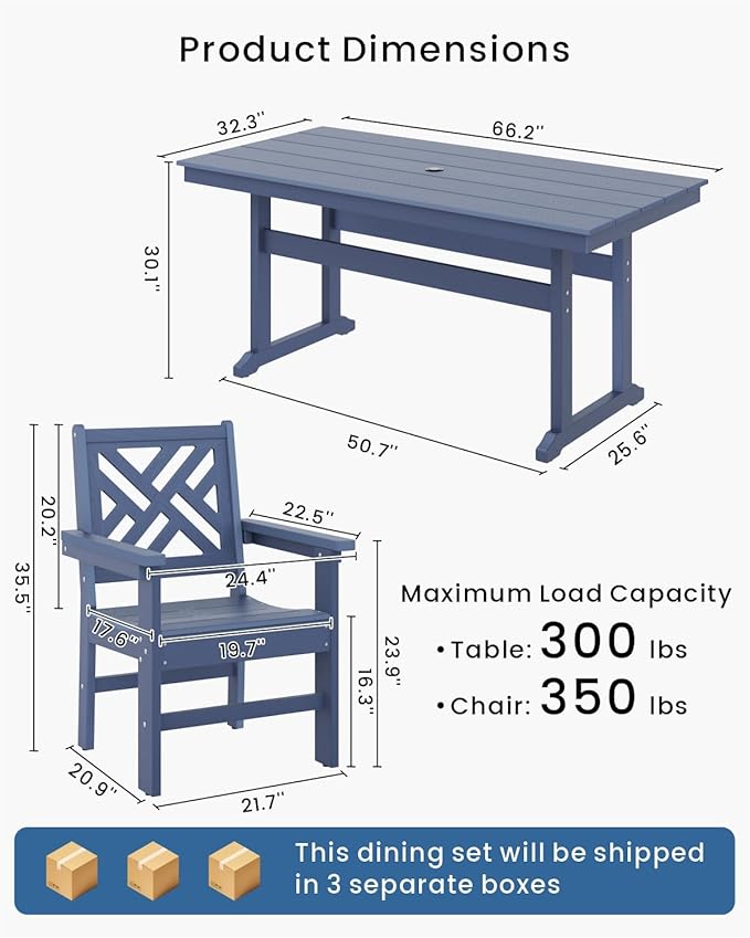5-Piece Outdoor Dining Set, HDPE All-Weather Patio Table and Chairs Set for 4, Outdoor Patio Furniture Sets with Umbrella Hole for Outside, Deck, Backyard, Garden (Navy Blue)
