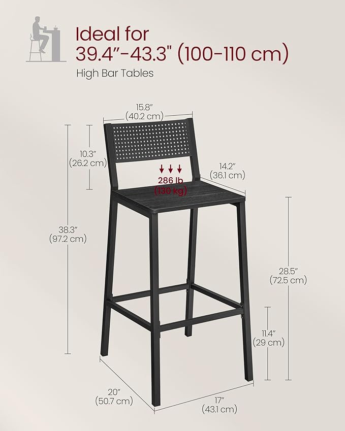 VASAGLE Bar Stool Set of 2, Bar Chairs for Kitchen, Dining Room, Industrial, Charcoal Gray and Black ULBC070B22