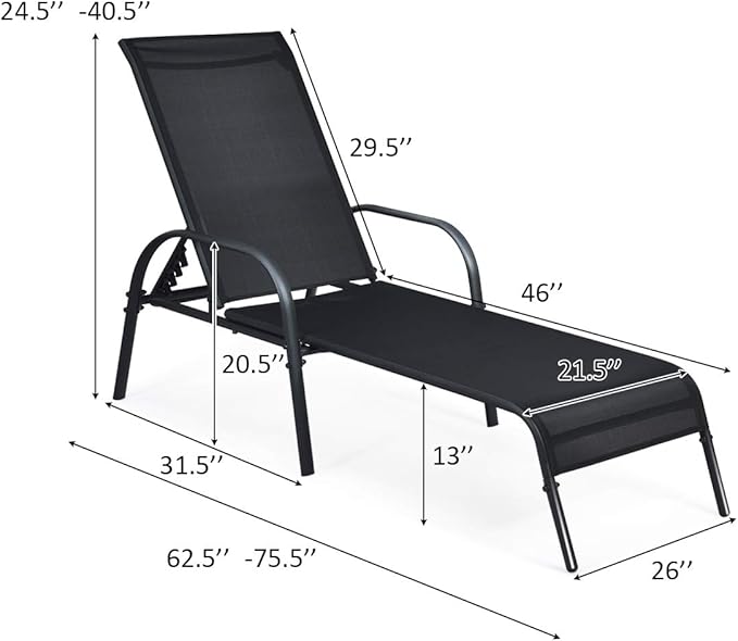 Giantex Patio Lounge Chair, Outdoor Chaise Lounge with 5 Adjustable Backrest, Sturdy Steel Frame, Sunbathing Recliner, Beach Chair, Tanning Chair for Outside, Yard, Balcony, Pool Chairs, Black