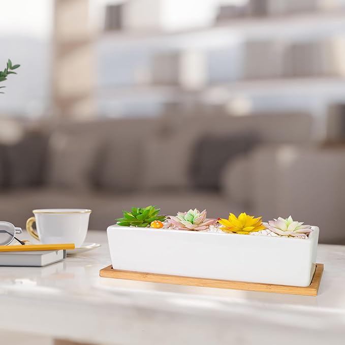 Succulent Pots - 12.1 Inch Large Succulent Pots with Drainage Tray, Window Sill Planter, Long Rectangle Ceramic Pots for Indoor Cactus/Succulent Plants Shallow Bonsai Window Box for Home Garden Decor