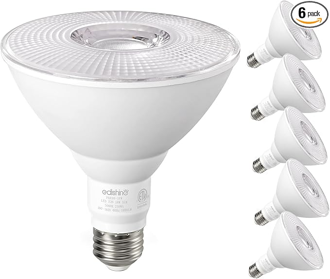 EDISHINE Flood Lights Outdoor, Dimmable PAR38 LED Outdoor Flood Light Bulbs, 120W Equivalent, IP65 Waterproof for Yard, Garage, Porch, 3000K Warm White, 18W 1800LM, E26 Base, 6 Pack ETL Listed