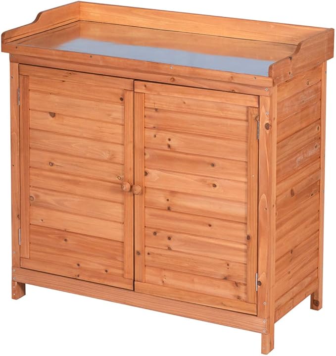 GDLF Outdoor Garden Patio Wooden Storage Cabinet Furniture Waterproof Tool Shed with Potting Benches Outdoor Work Station Table (Natural)