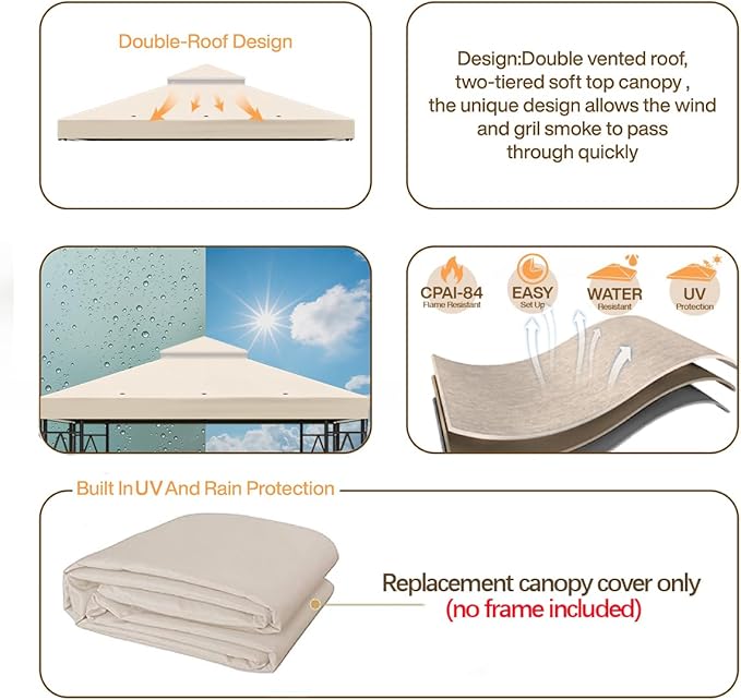 10x10 Canopy Replacement Top Double Tiered Gazebo Cover for Yard, Patio & Garden Durable Sunshade Replacement (Beige)