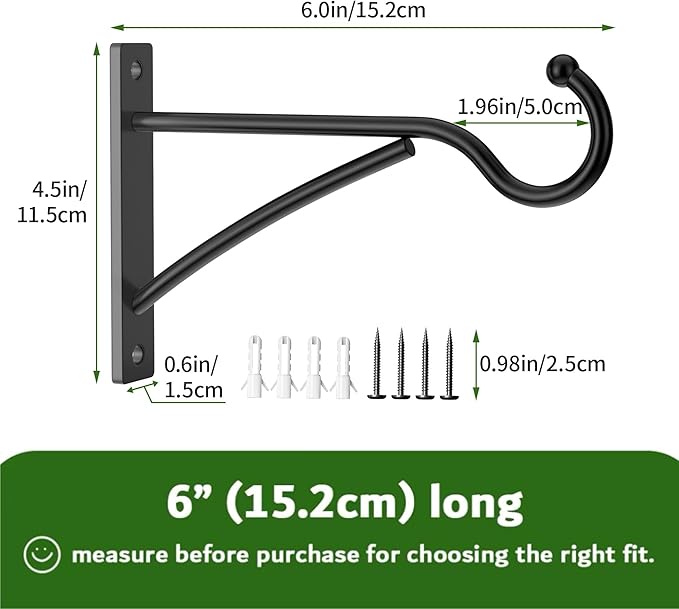 6 Inch 2 Pack Heavy Duty Plant Hangers Outdoor, Metal Plant Brackets for Hanging Baskets, Plant Wall Hooks for Bird Feeders, Wind Chimes & Lanterns, Premium Metal Hooks Matte Black, 30lbs Capacity