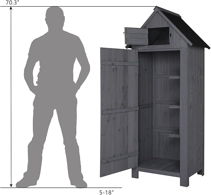 Outvita 70in Outdoor Storage Shed, Waterproof Wooden Garden Storage Cabinet with Lockable Door, Grey