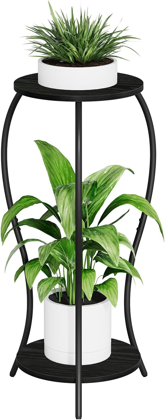 Plant Stand Indoor, 2 Tier Round Tall Plant Stand, Flower Pot Stand, Plant Shelf Rack, Corner Plant Stand for Planter Garden Balcony Patio Living Room (Black-Wood, 2 Tier)