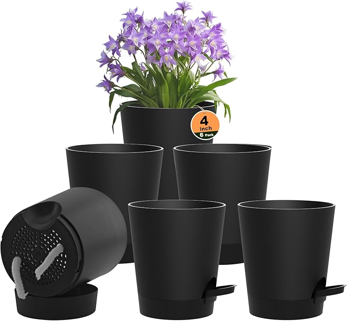 Self Watering Pots, 4 inch Flower Pots with Multi Mesh Drainage Holes, Small Platic Planters for Indoor Outdoor Garden Plants and Flowers (Black, 4")