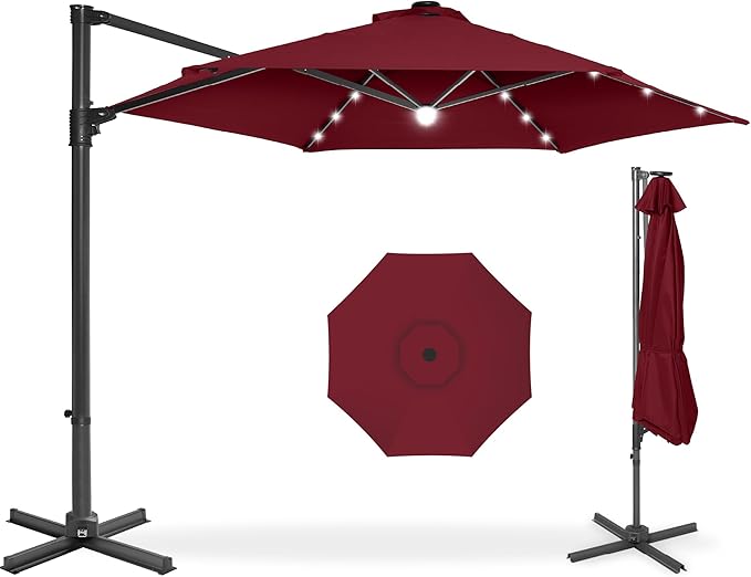 Best Choice Products 10ft Solar LED Offset Cantilever Hanging Market Patio Umbrella, Smooth 360° Rotation, 8 Sturdy Ribs, Easy Adjustment - Burgundy