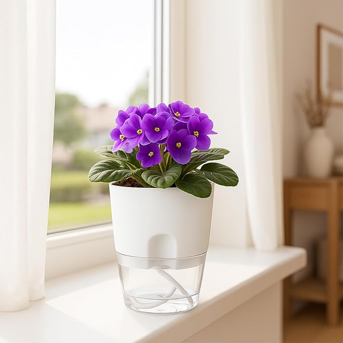 6 Pack Self Watering Pots for Indoor Plants, PlanterHoma 3.2/4/6 Inch Plant Pot Plastic Self Watering Planter for Orchid, African Violet, Small Clear Flower Pots with Drainage Holes and Wicking, White